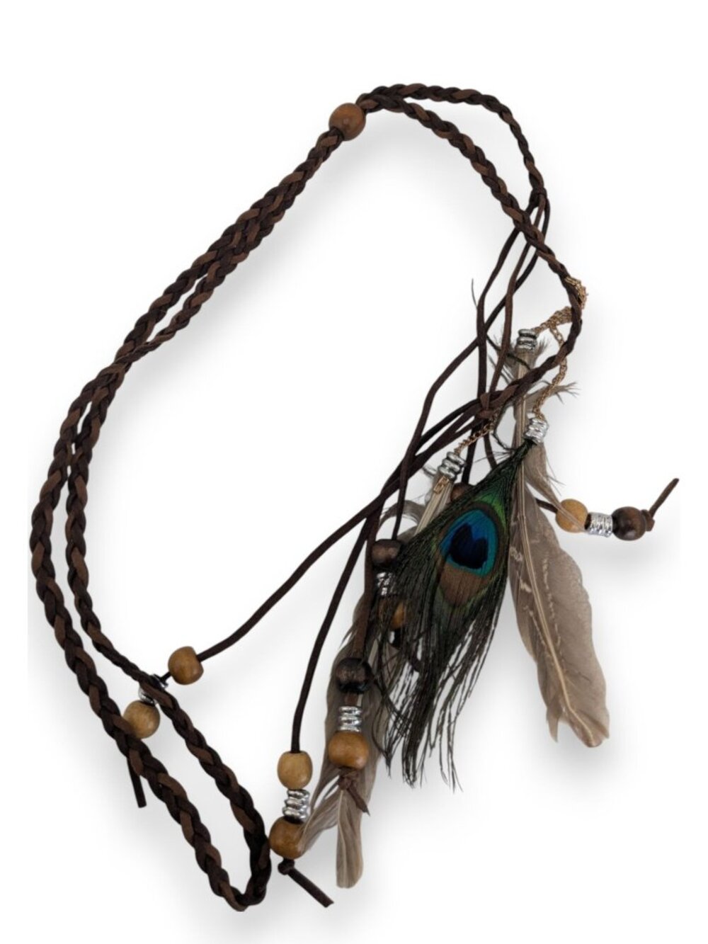 Boho Hippie Suede Brown Peacock Feather Bolo Necklace 22 Inch